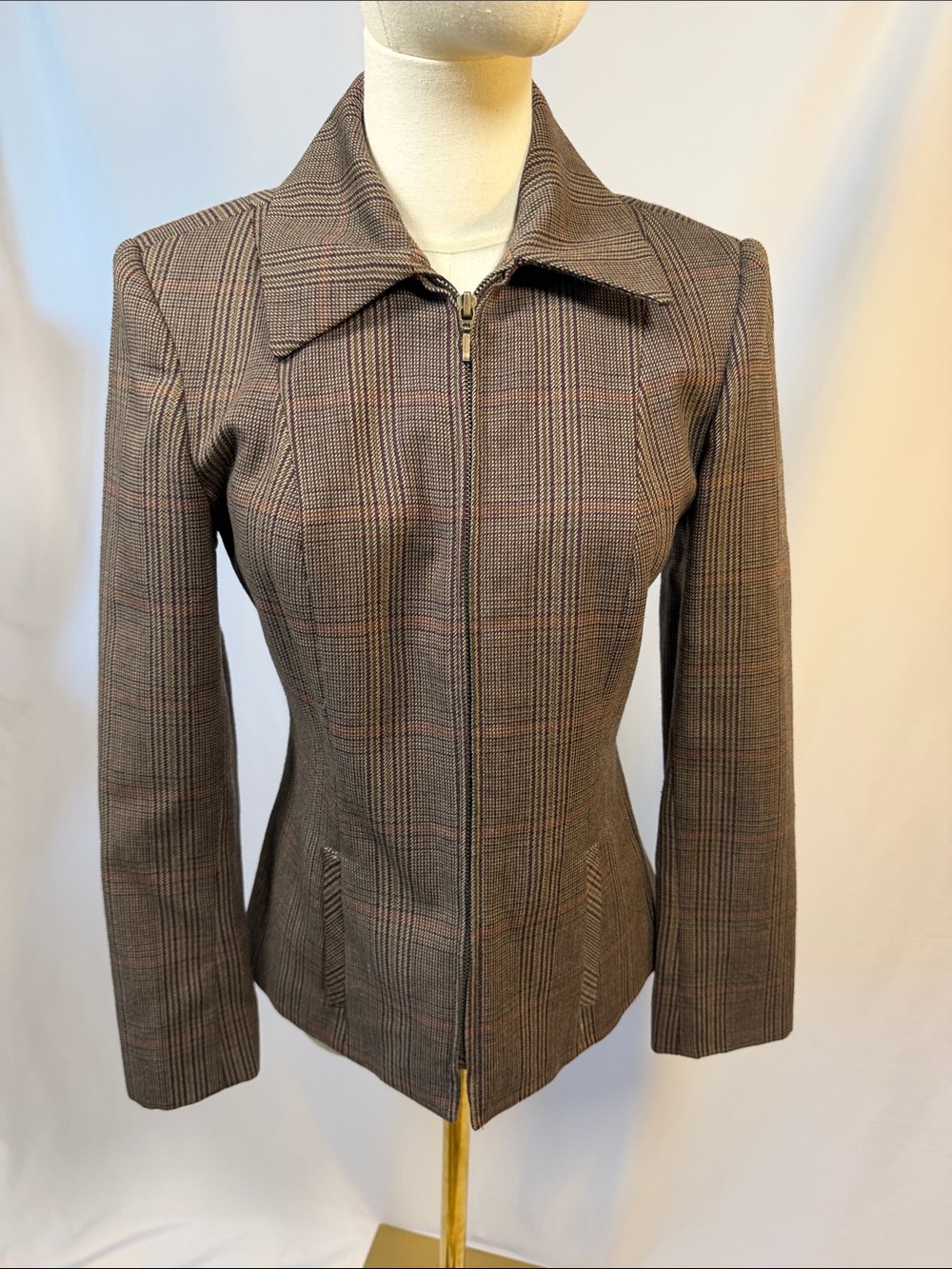 Vintage 100% wool Fitted Brown Plaid Zip-Front Blazer by Alanni by DONNYBROOK